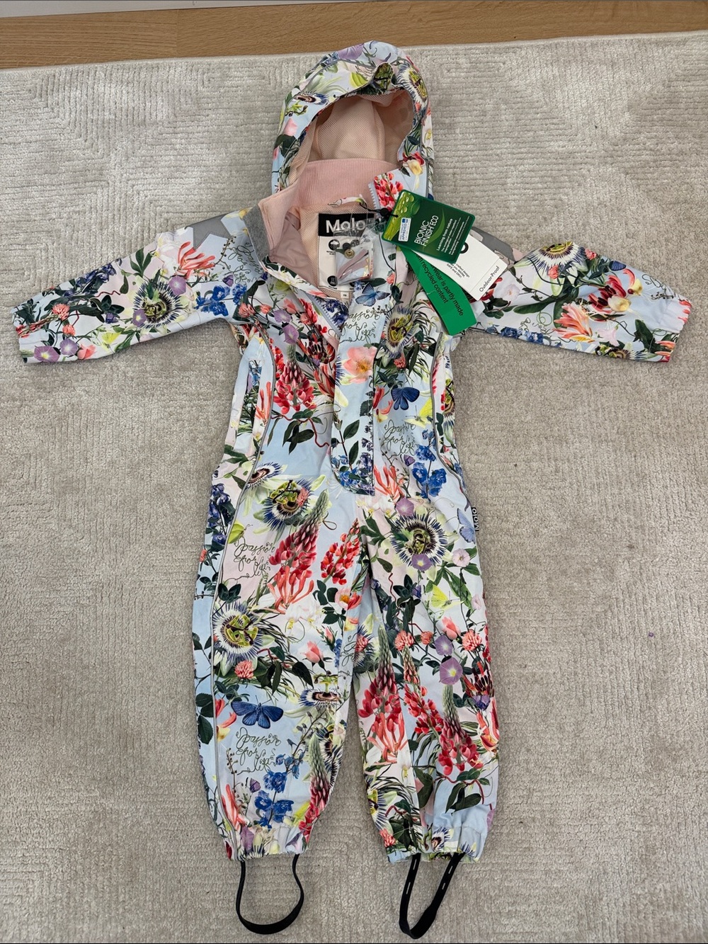 Molo Pastel Floral Hooded Waterproof Snowsuit - Pink Lined lightweight shell